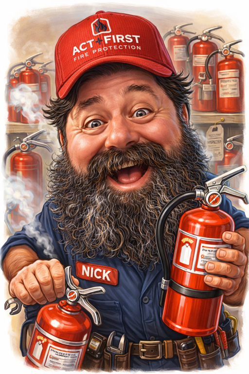 Bearded man in red cap holding two fire extinguishers with many extinguishers in background.