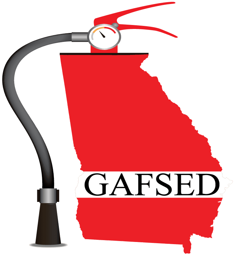 Red fire extinguisher shaped like the state of Georgia with GAFSED text across the middle.