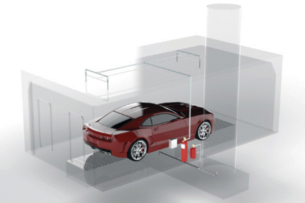 Red sports car inside transparent paint booth system with ventilation and spray equipment.