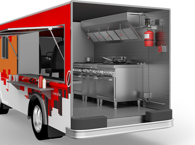 Red and white food truck with open side and back showing stainless steel kitchen equipment inside.