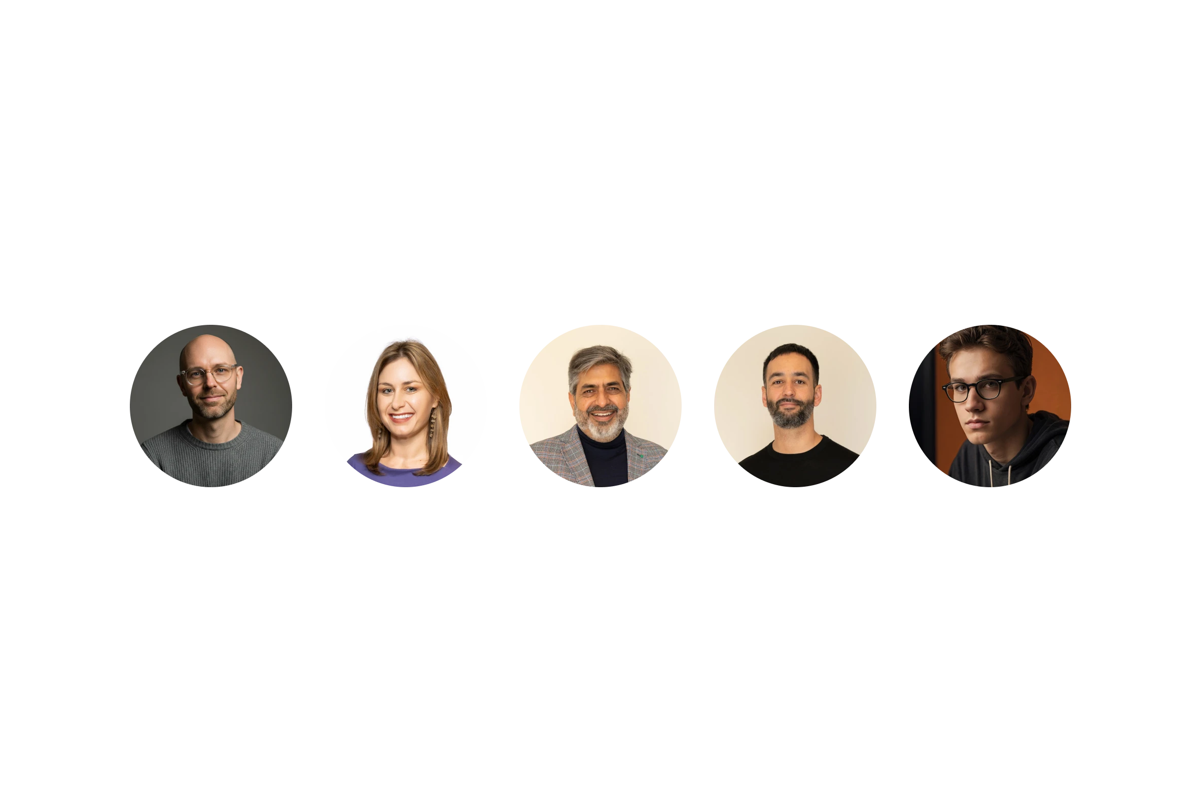 Headshots of five diverse adults smiling or posing with neutral backgrounds.