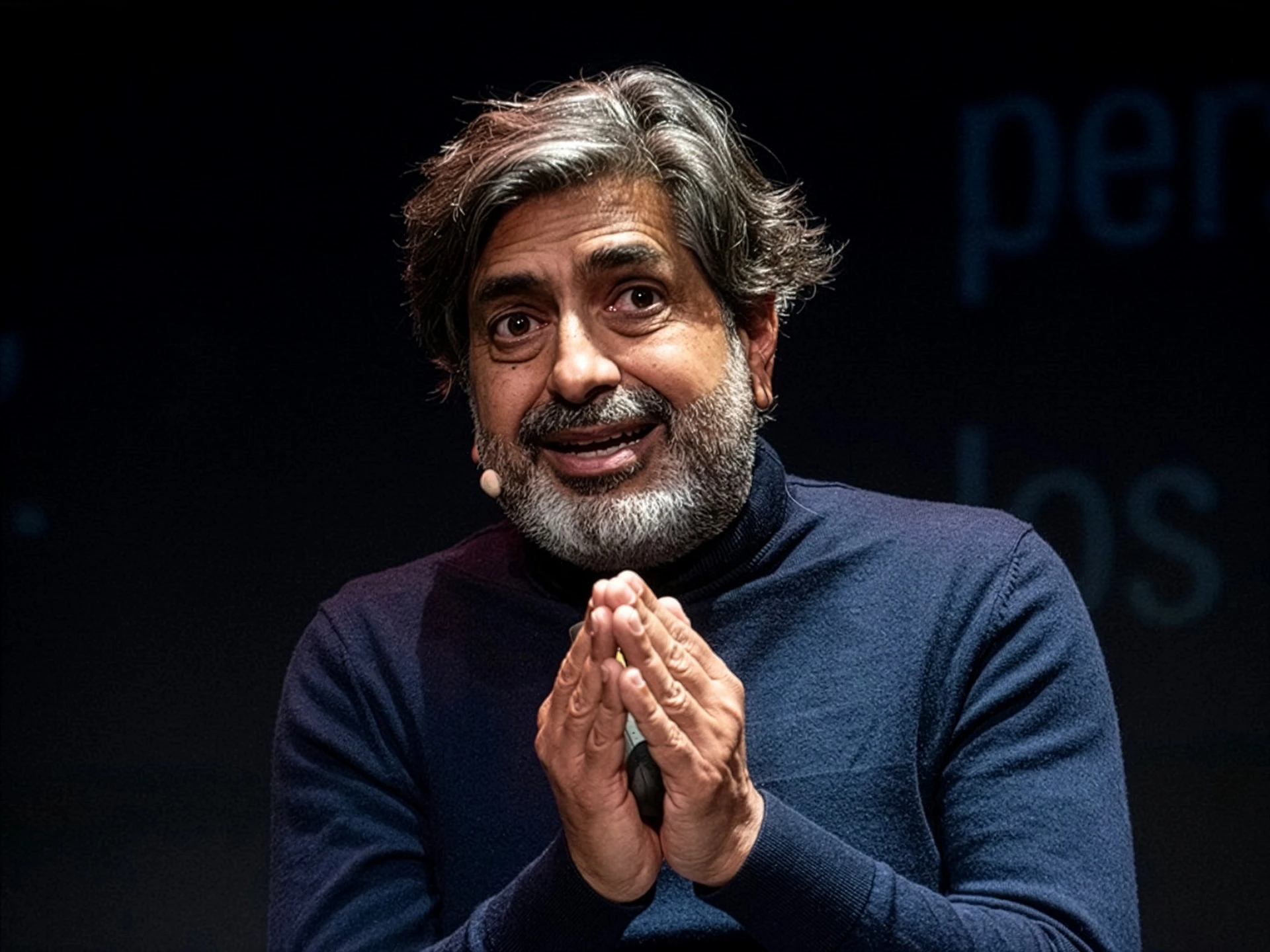 Man with gray hair and beard speaking with hands clasped in front on stage against dark background.