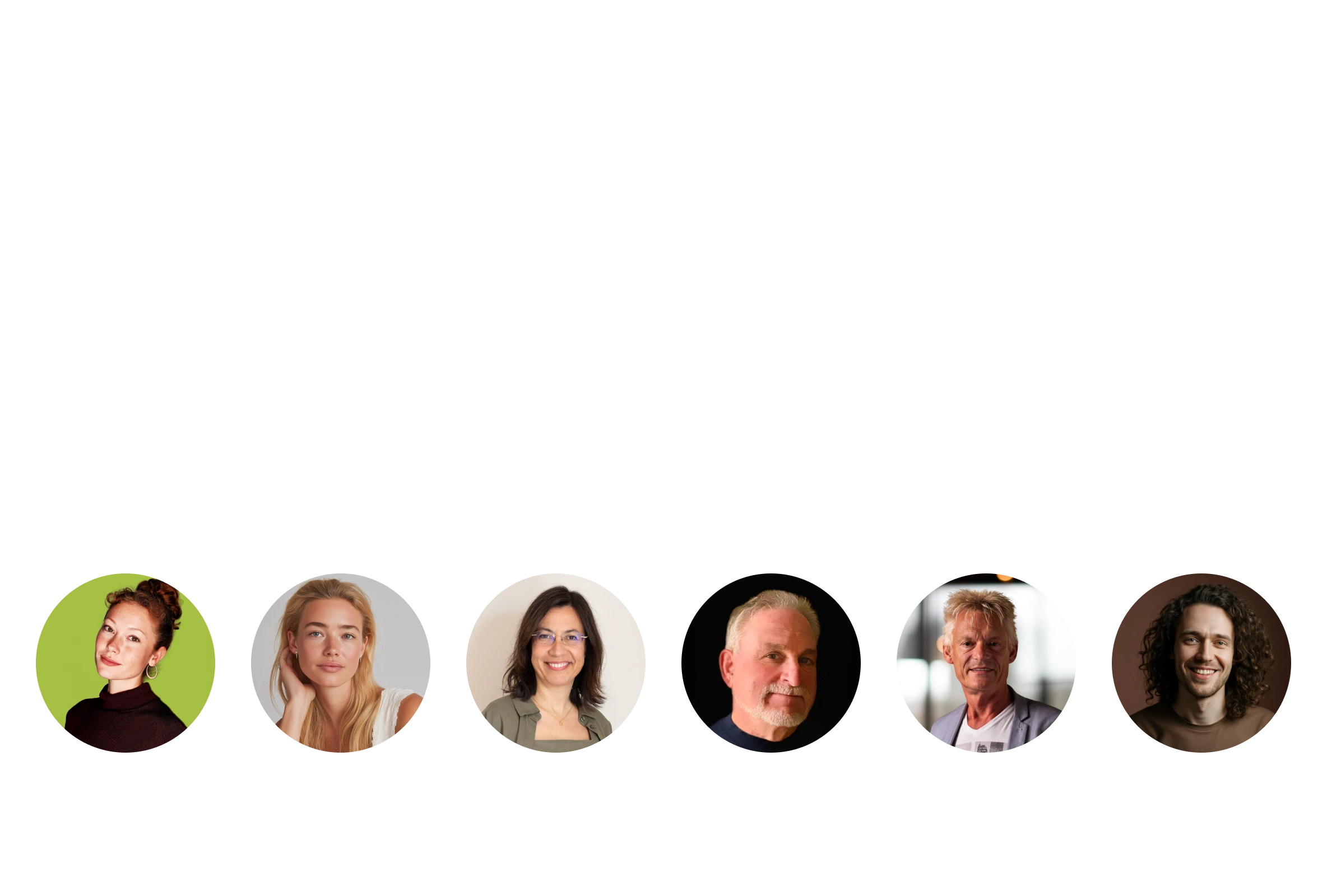 Row of six diverse adults with varying hairstyles and expressions in circular frames across a black background.