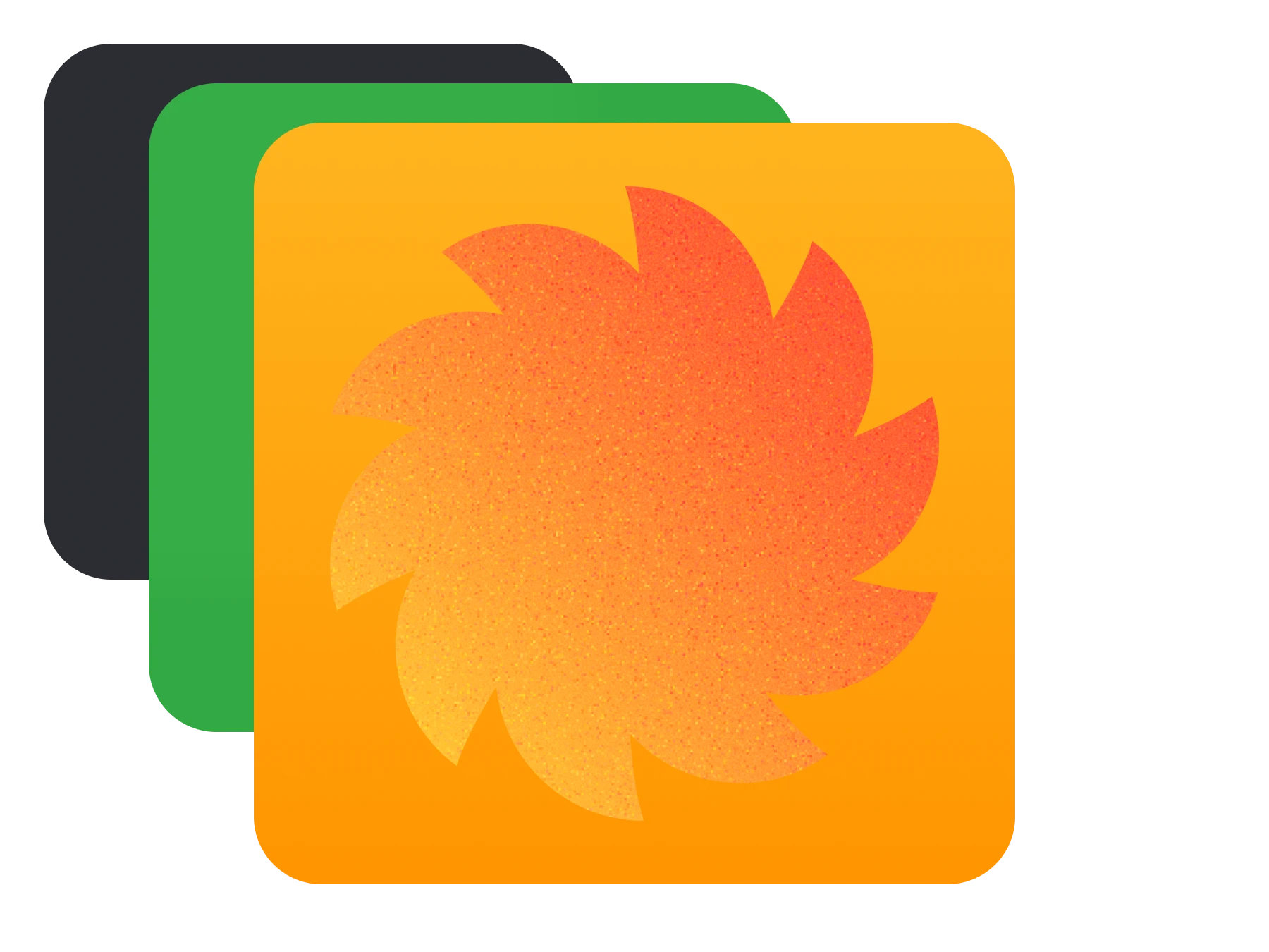 Three overlapping rounded square shapes in black, green, and orange with a red-orange abstract flower shape on the orange square.