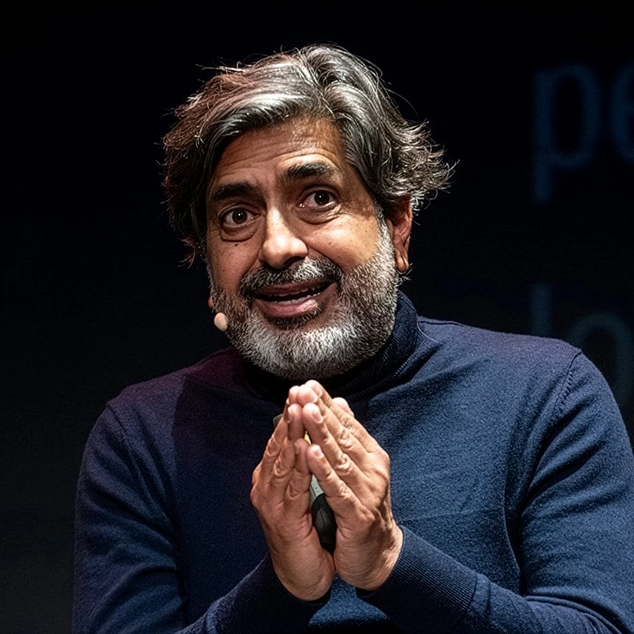 Older man with gray hair and beard speaking animatedly wearing a navy blue sweater and headset microphone.
