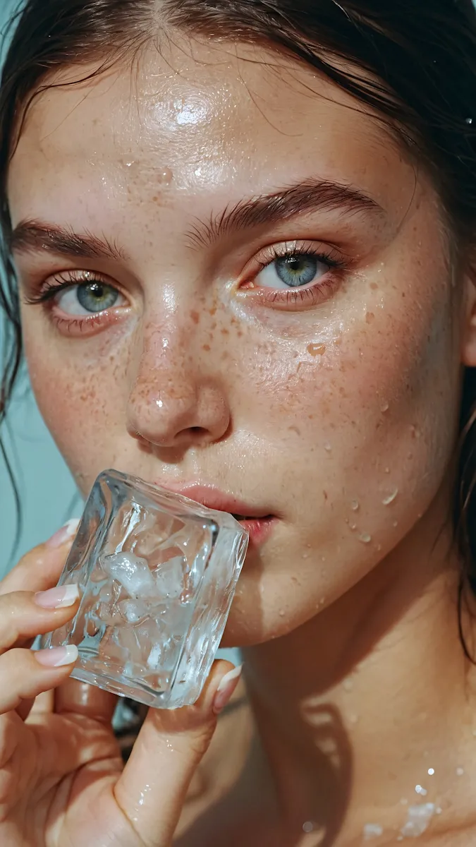 Close-up of a young woman with freckles and wet skin holding a melting ice cube near her mouth.