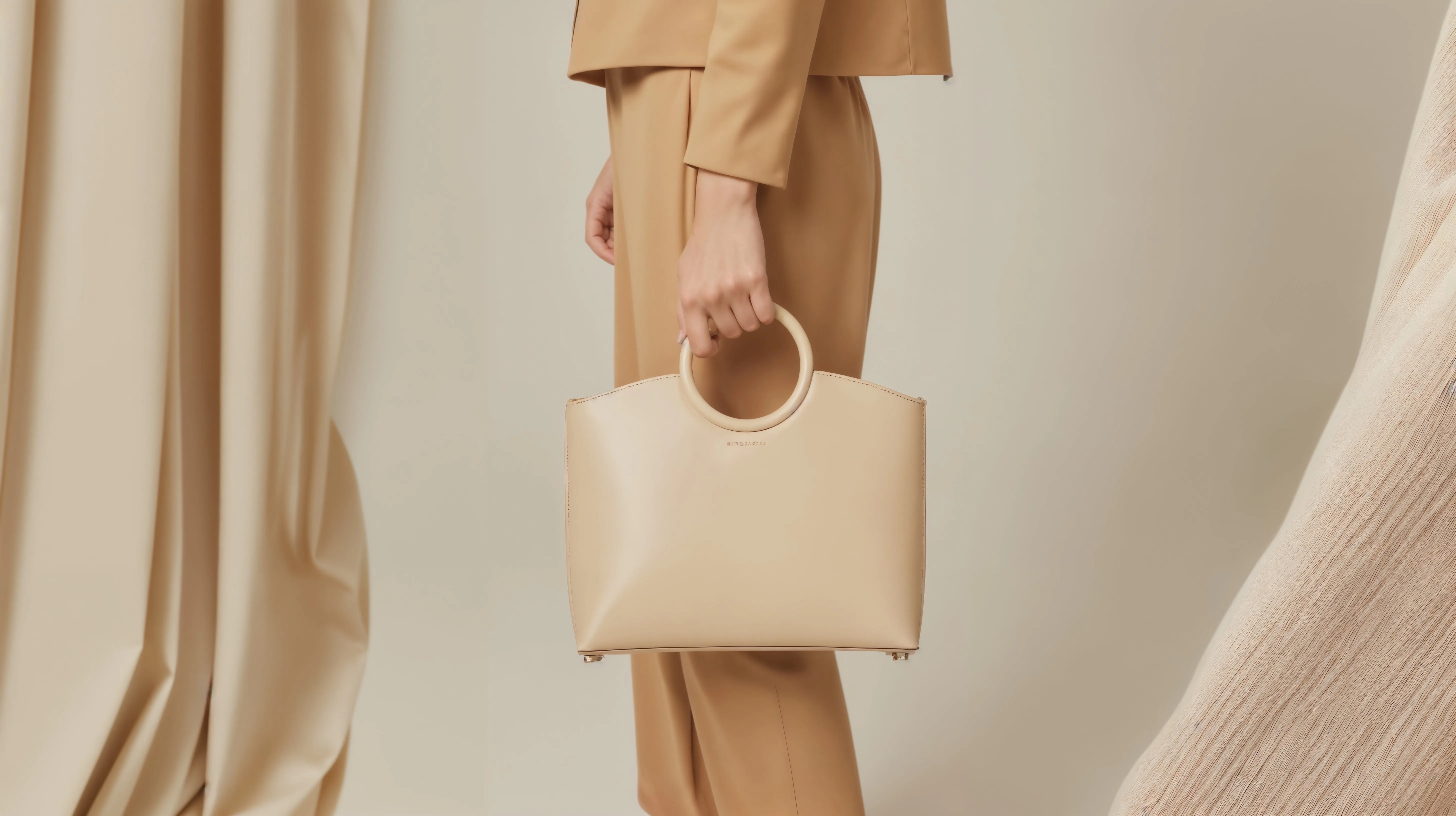 Person holding a beige leather handbag with circular handles, wearing a tan outfit against a neutral background.