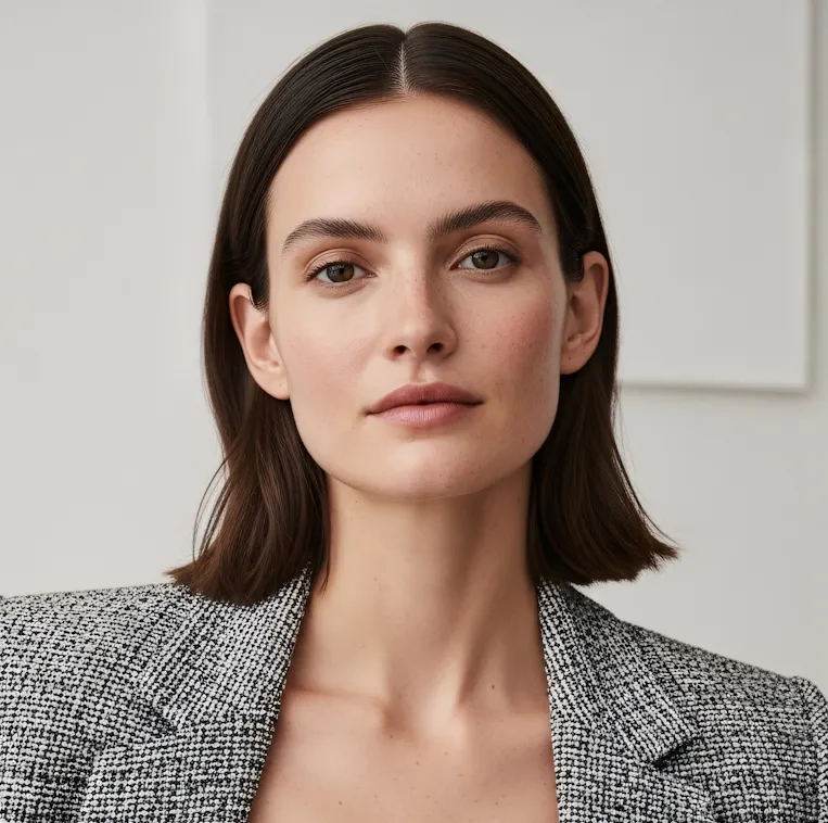 Portrait of a woman with straight dark hair wearing a black and white patterned blazer against a plain light background.