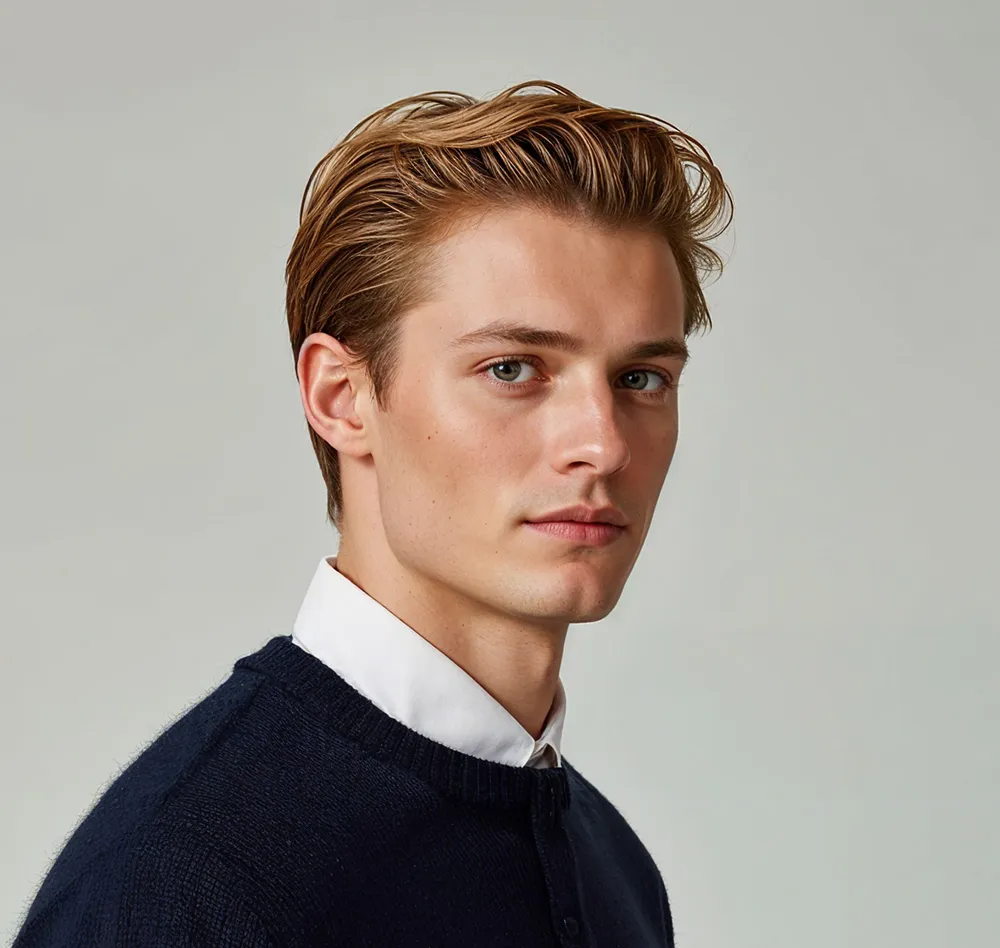 Young man with styled light brown hair wearing a white collared shirt and dark sweater looking at the camera.