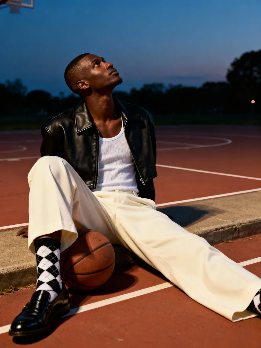 Young man in a black leather jacket and cream pants sitting on a basketball court at twilight with a basketball resting between his legs.