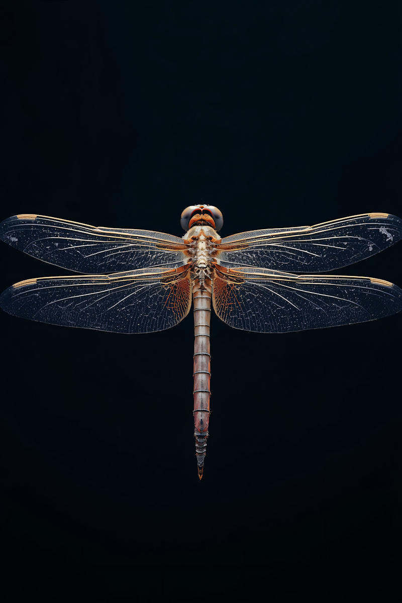 Close-up of a dragonfly with transparent wings spread against a dark background.
