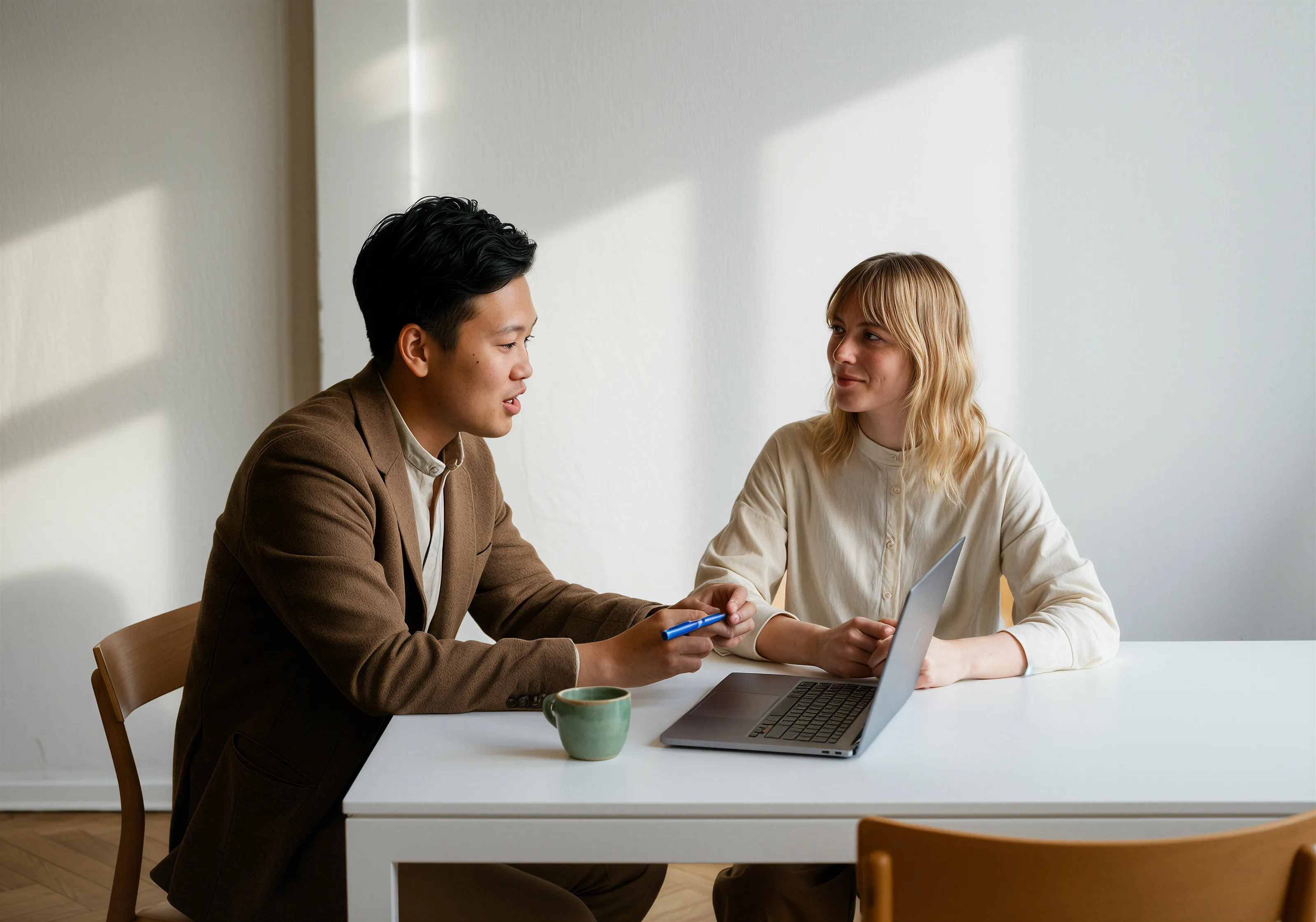 Two professionals, a man and a woman, engaged in a discussion at a white table with a laptop and a green cup.