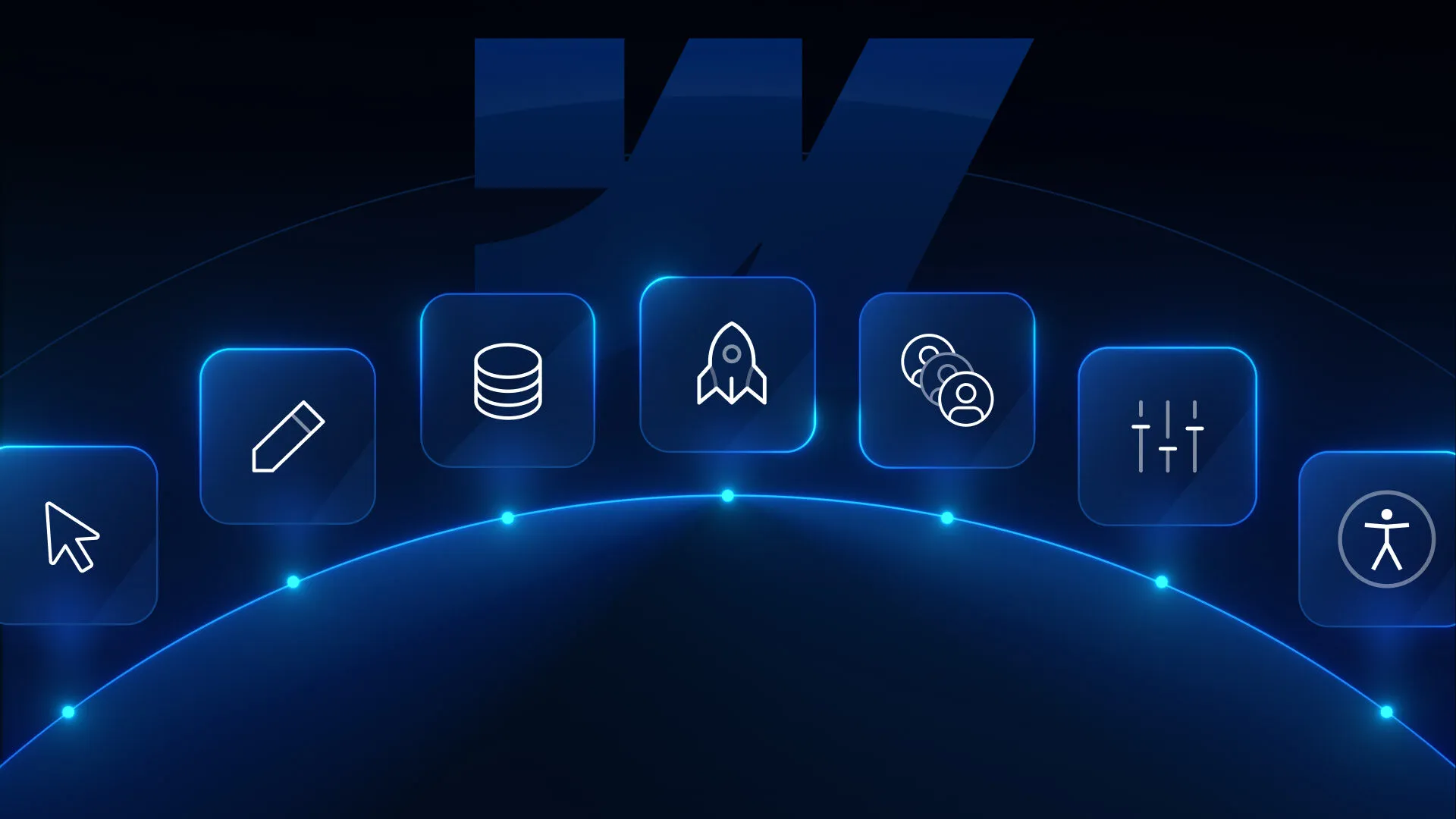 Glowing neon blue icons representing a cursor, pencil, database, rocket, group of people, sliders, and accessibility on a dark curved background.