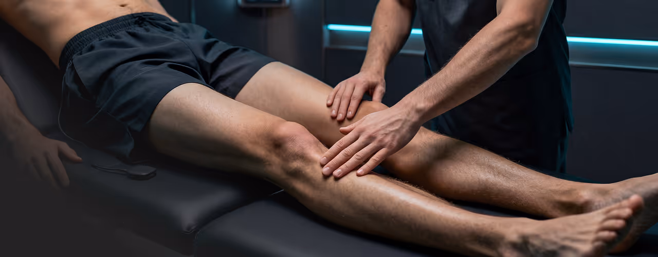 Fisioterapeuta examinando o joelho de um paciente deitado em uma maca preta.
