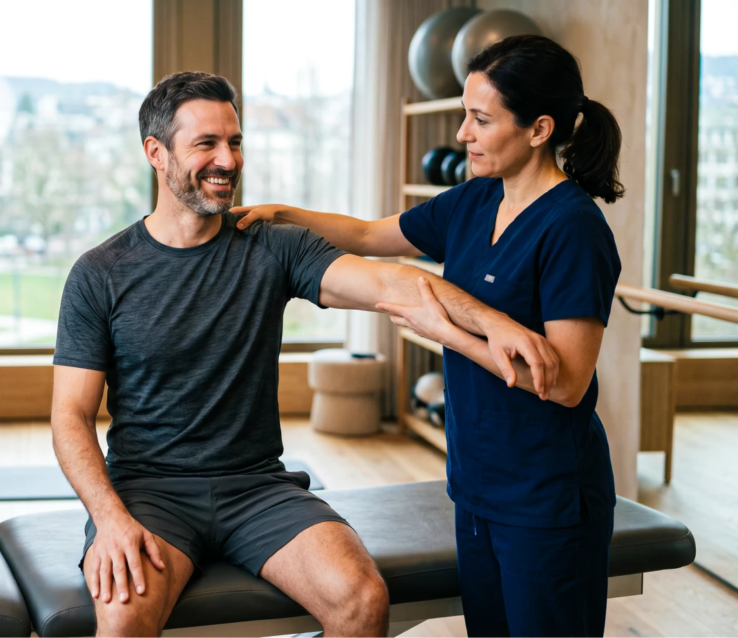 Fisioterapeuta estica o braço de um homem sorridente sentado em um estofado na clínica.