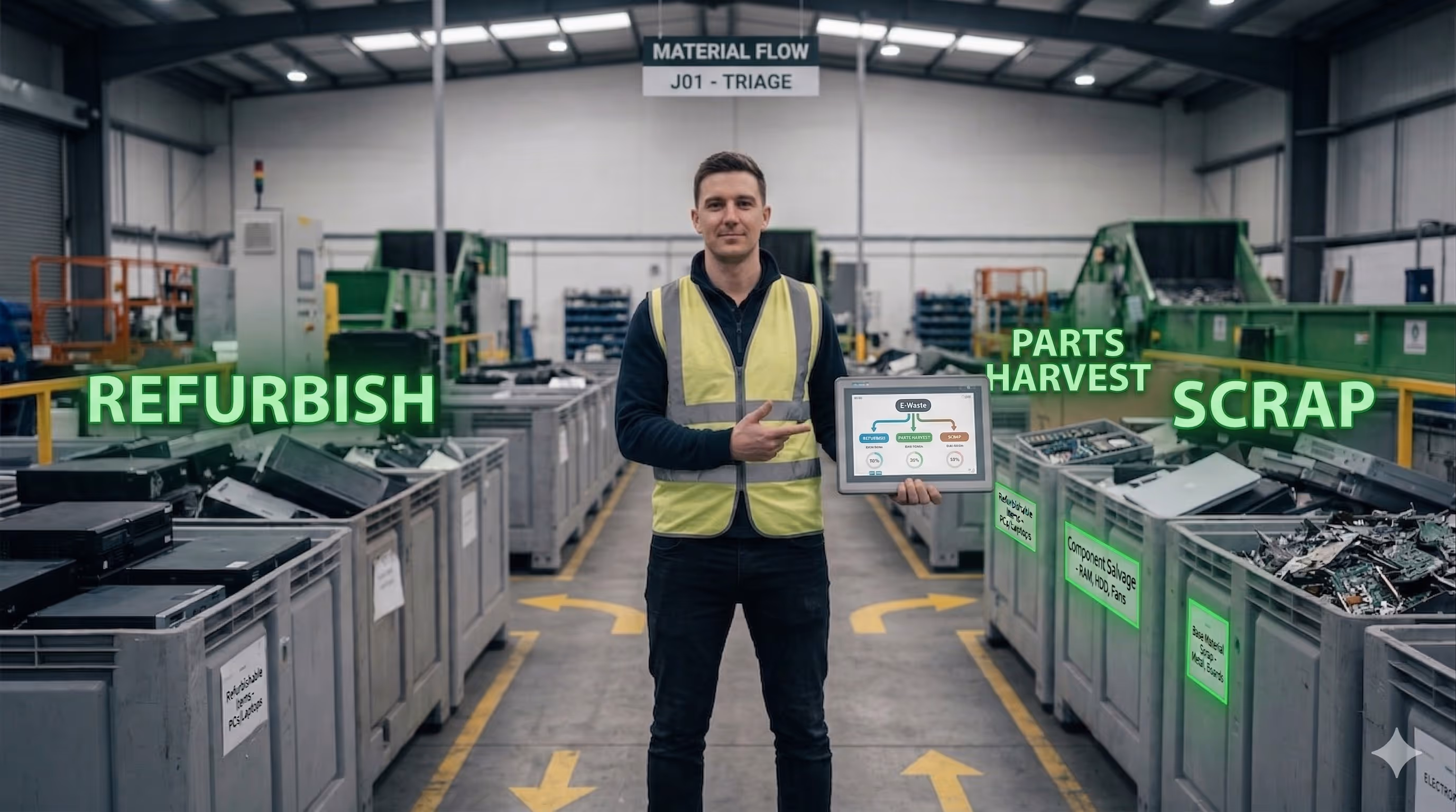 Man in a warehouse wearing a yellow safety vest holding a tablet with e-waste processing flowchart, standing between bins labeled refurbish, parts harvest, and scrap.