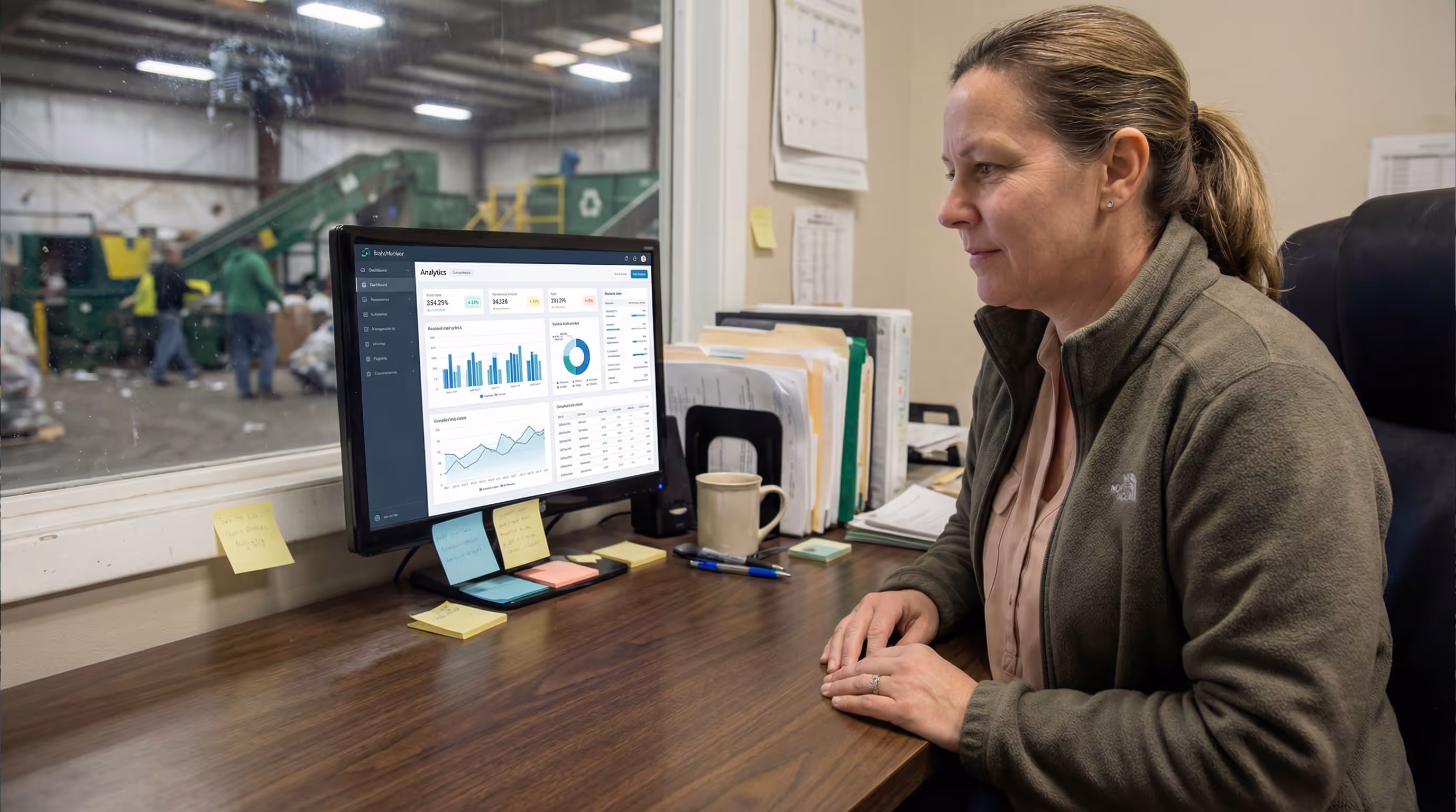 Woman in a green fleece jacket sitting at a desk, looking at a computer monitor displaying analytics charts and graphs in an office with a view of a warehouse through the window.