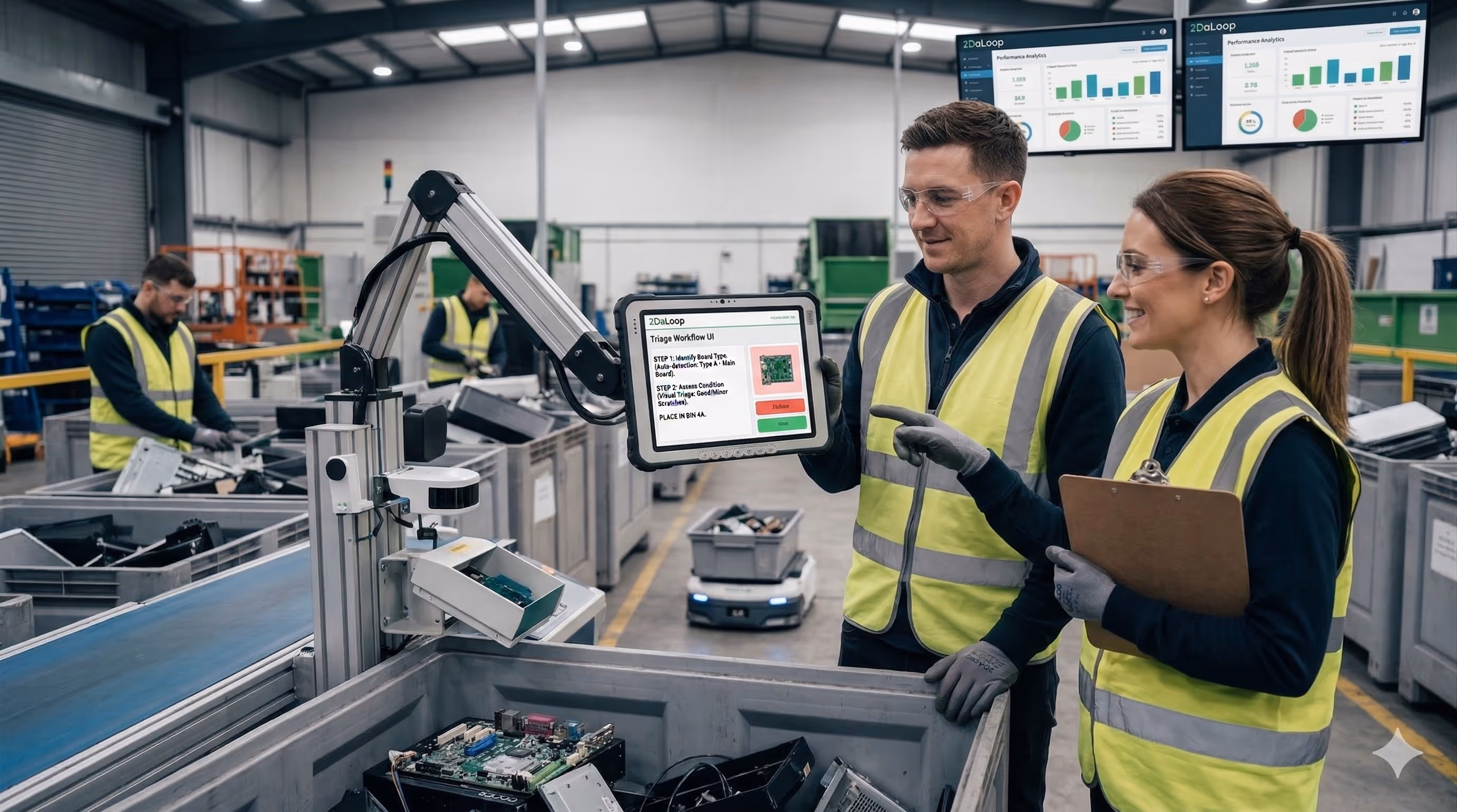 Two workers in high-visibility vests using a tablet attached to a robotic arm to sort electronic circuit boards in a factory.