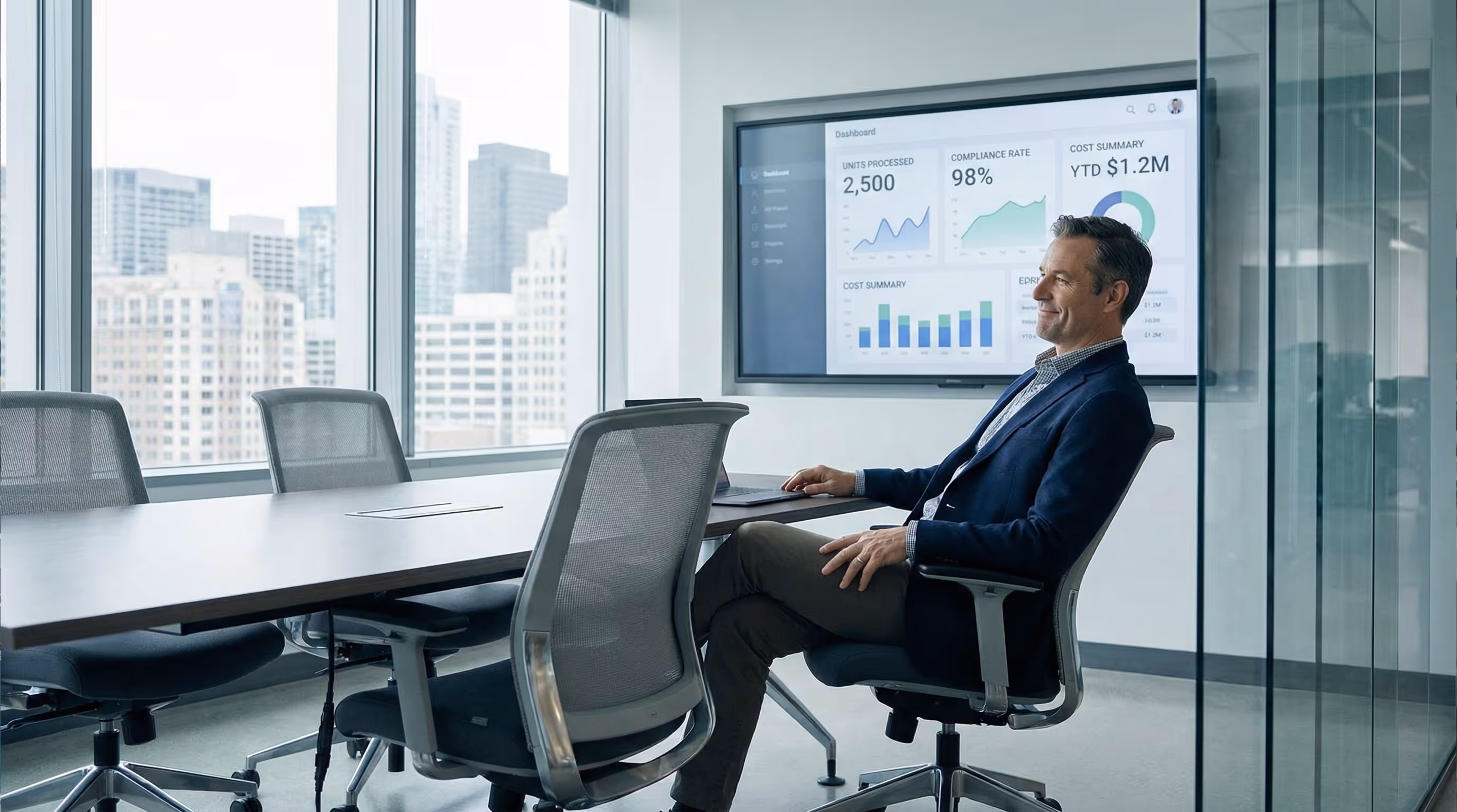 Businessman sitting in a modern conference room with a city view, looking at a digital dashboard showing compliance rate, units processed, and cost summary.