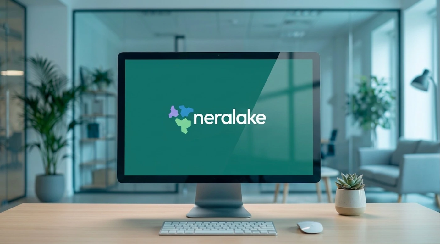 A computer monitor on a desk displaying the "neralake" logo, set in a modern office environment.