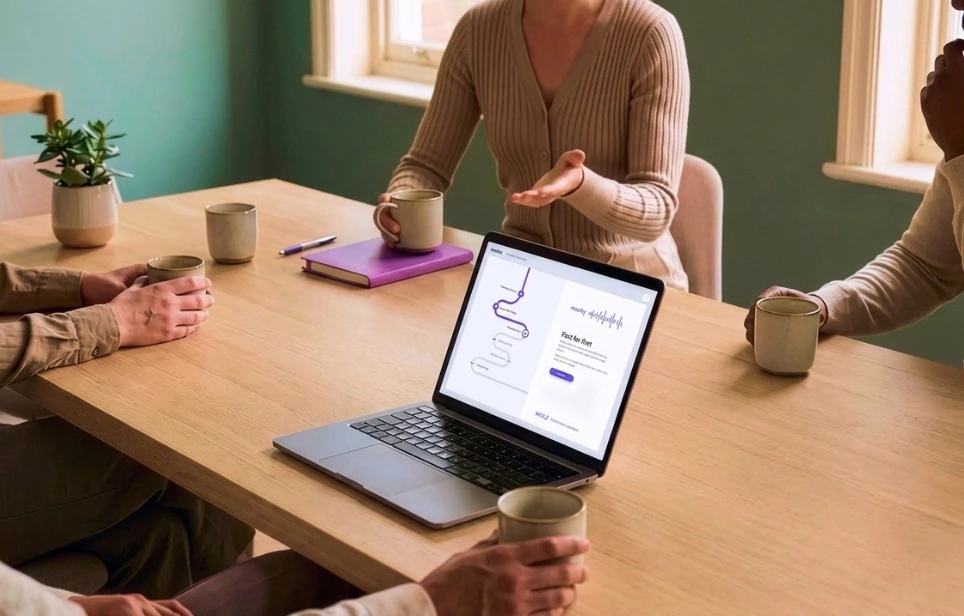 Coworkers sitting around a meeting table looking at a laptop displaying a presentation with a timeline graphic.