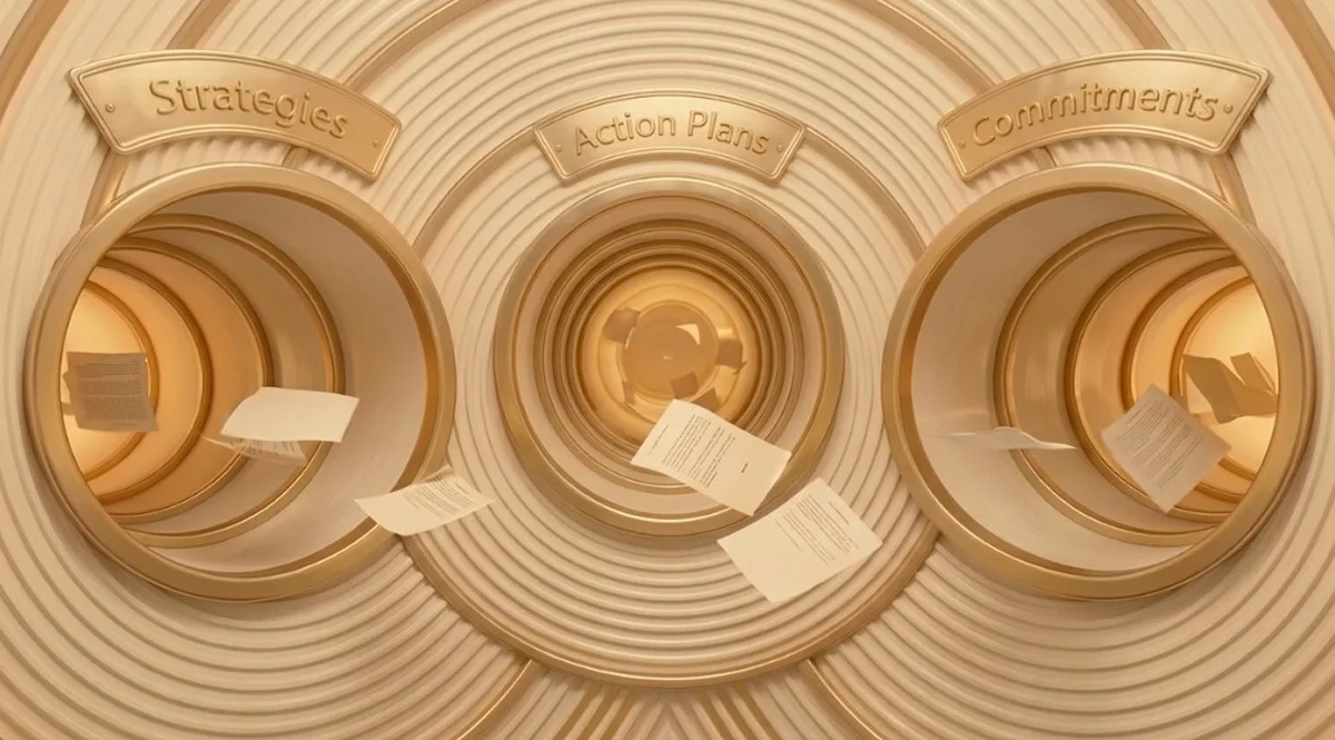 An abstract 3D illustration of golden tunnels labeled "Strategies," "Action Plans," and "Commitments" with papers flying out.