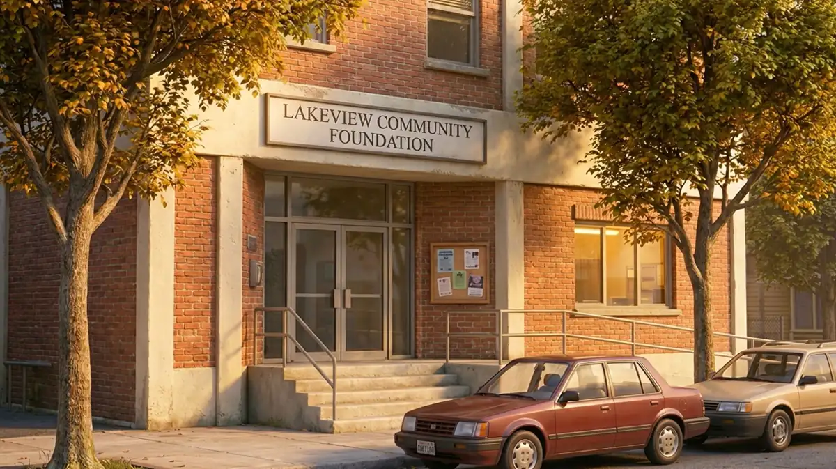 The brick exterior and front entrance of the Lakeview Community Foundation building on a sunny day.