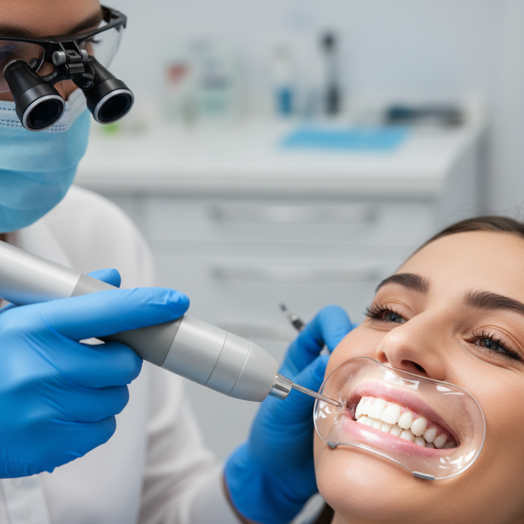 Una paciente sonriente con un retractor labial transparente muestra sus dientes blancos mientras un profesional dental con guantes azules, mascarilla y lupas quirúrgicas aplica un tratamiento de blanqueamiento de precisión.
