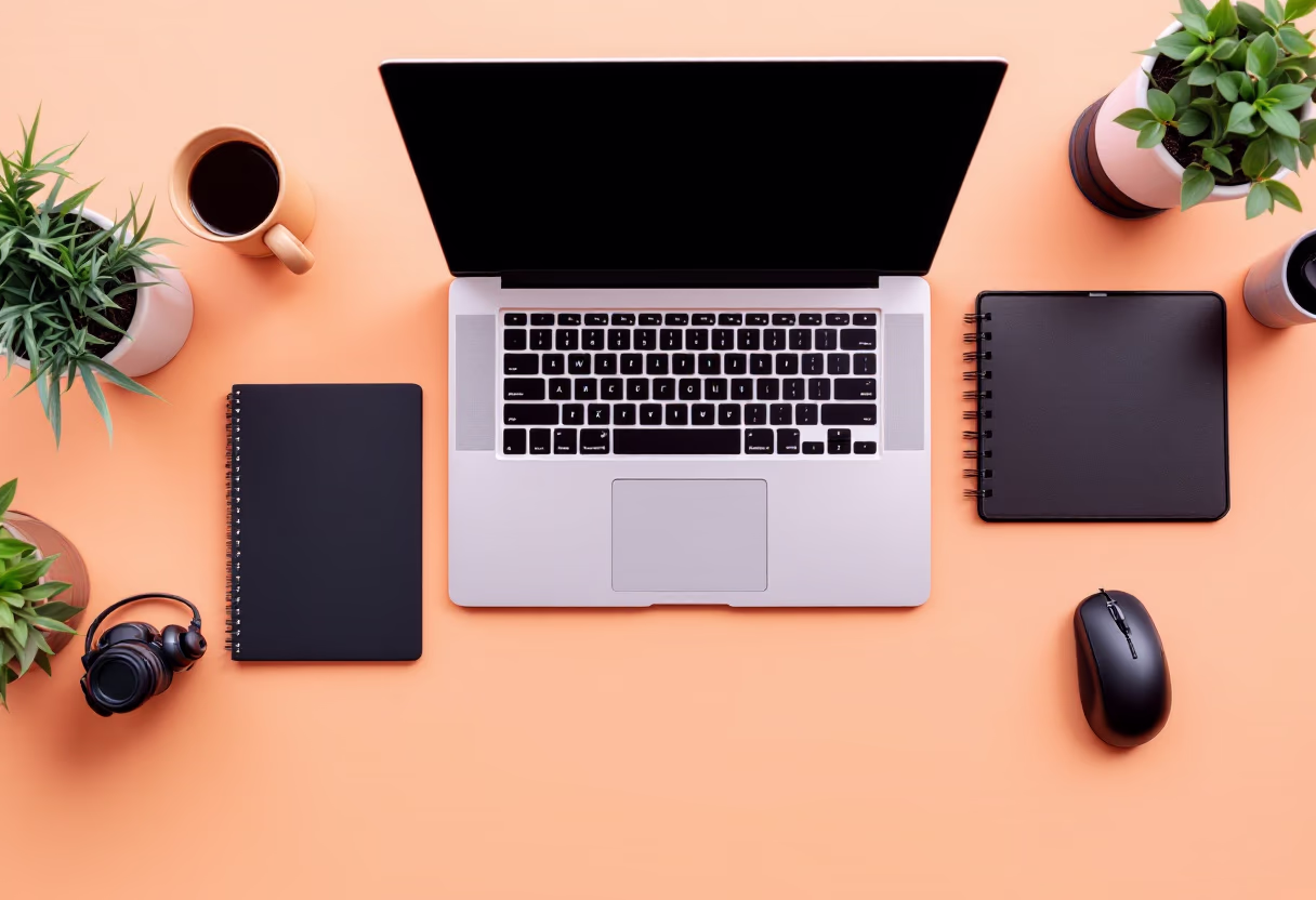 [background image] topdown photo of desk with laptop (for a tech gadgets store)