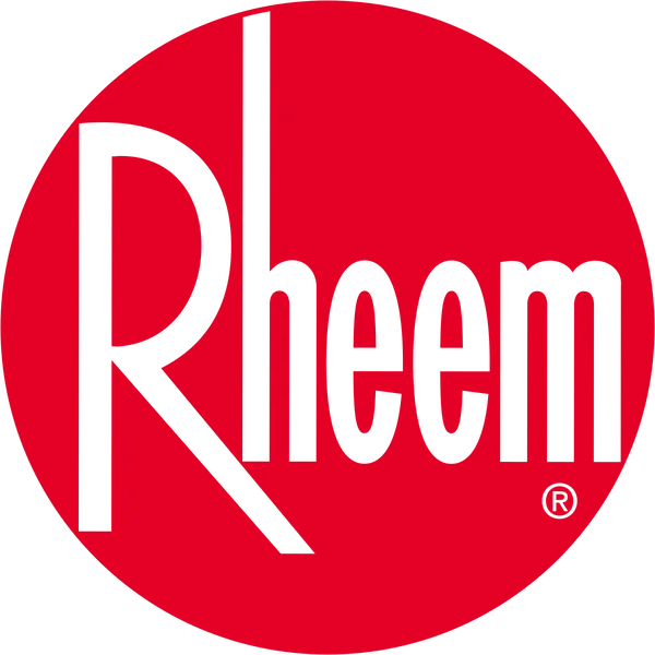 Rheem company logo with stylized black text inside a red circle.