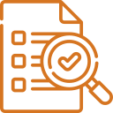 Orange icon of a document with checkboxes and a magnifying glass highlighting a checkmark.