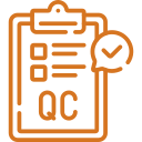Icon of a clipboard with QC checklist and a checkmark indicating quality control.