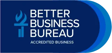 Better Business Bureau Accredited Business logo with blue torch symbol on navy background.