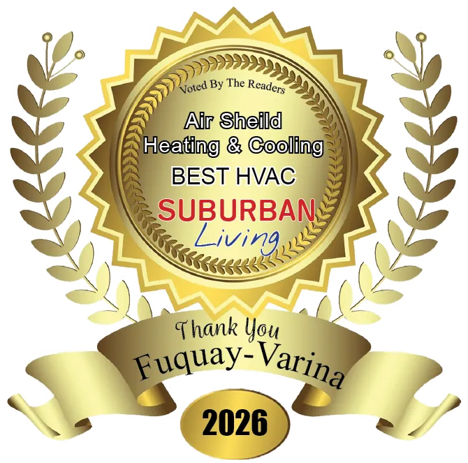 Gold award seal with laurel branches reading 'Voted by the Readers, Air Shield Heating & Cooling BEST HVAC, SUBURBAN Living, Thank You Fuquay-Varina 2026.'