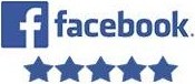 Facebook logo with a five-star rating below.