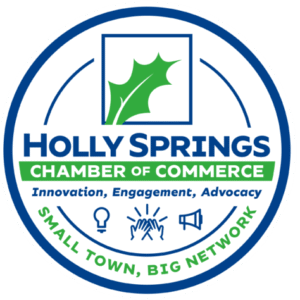 Holly Springs Chamber of Commerce logo with a green holly leaf above the text and tagline Small Town, Big Network.