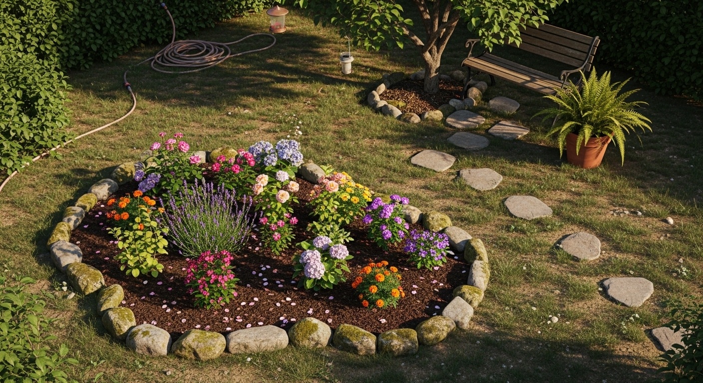Small garden bed bordered with stones containing various colorful flowers including lavender, marigolds, and roses, with a stone path leading to a wooden bench and a potted fern.