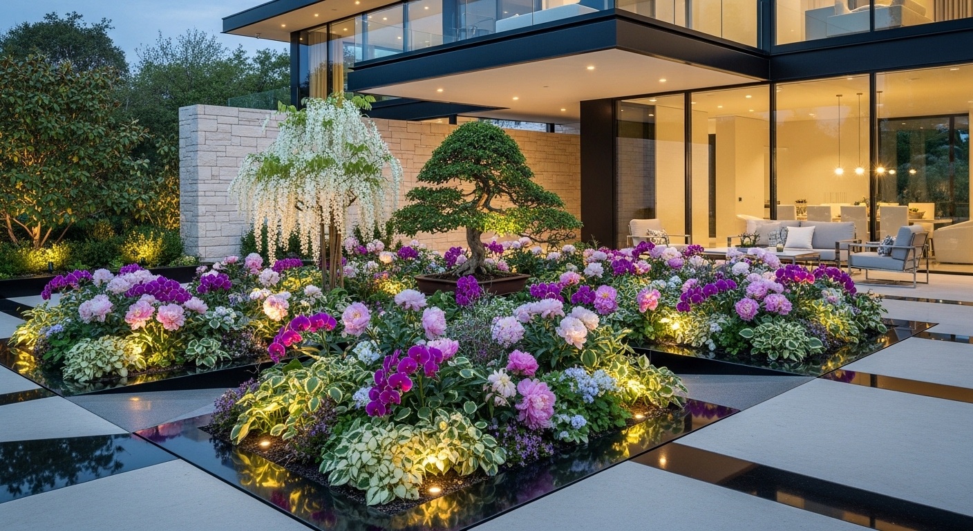 Modern house patio with illuminated geometric flower beds featuring pink and purple flowers and shaped trees.