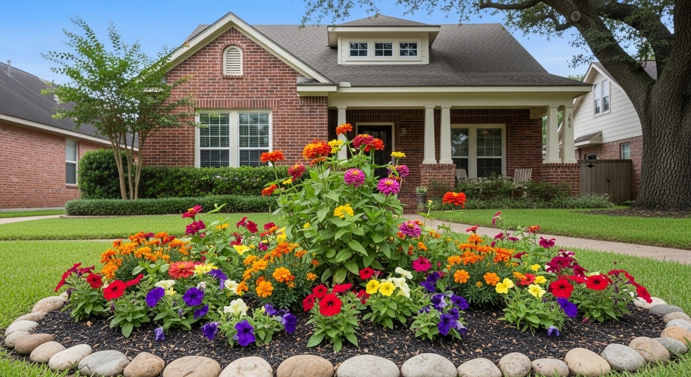 Circular flower bed with colorful flowers including red, yellow, orange, pink, and purple blooms in front of a brick house with a porch and green lawn.