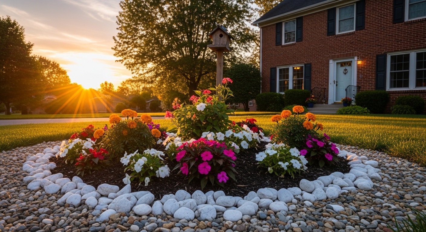 Circular flower bed with colorful flowers and white stones, lit by sunset, in front of a brick house.