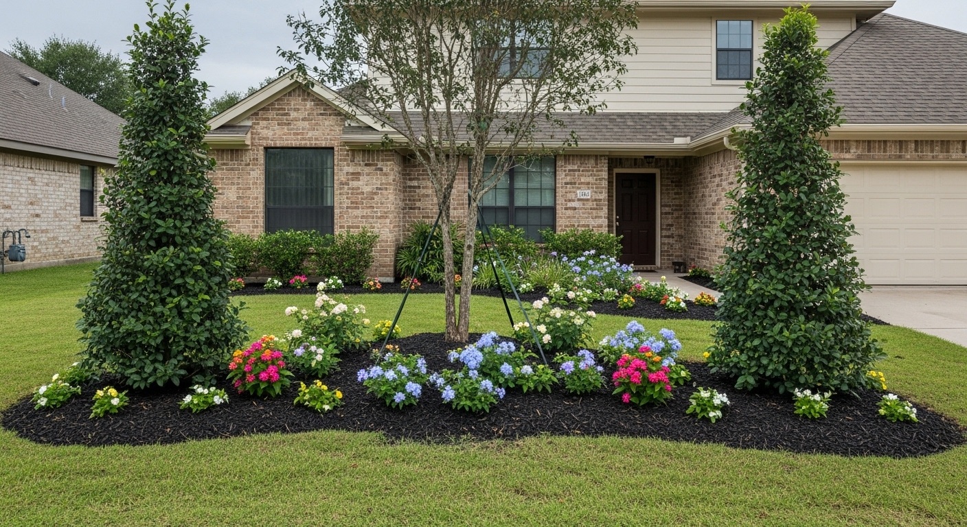 Front yard flower bed with green shrubs, a central tree supported by ties, and colorful flowers including blue, pink, and white blooms, bordered with black mulch in front of a brick house.