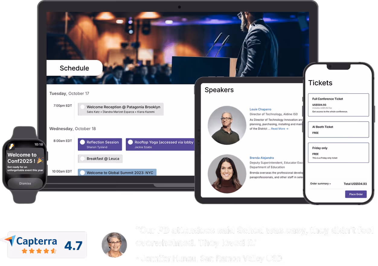 Multiple devices showing conference scheduling app screens: smartwatch with welcome message, laptop with event schedule, tablet with speaker profiles, and phone with ticket options.