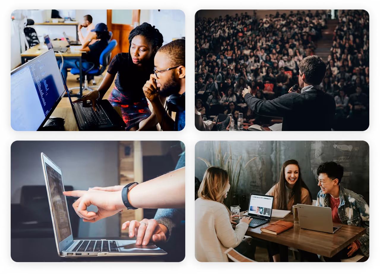 Collage of four images showing diverse groups of people working on laptops, collaborating, and a speaker addressing a large audience.