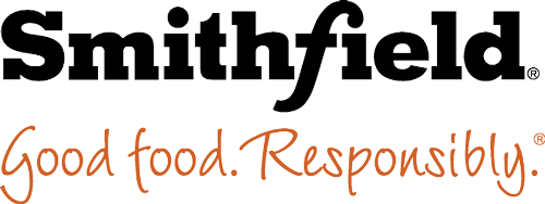 Smithfield 'Good food. Responsibly.' in orange cursive font on black background.
