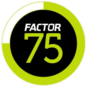 Black circle with white text "FACTOR" above green number 75, surrounded by a green ring.