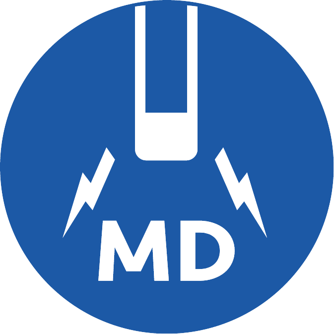 White magnet with two lightning bolts above letters MD on a blue circular background.