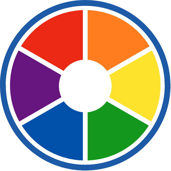 Six-segment color wheel inside a blue ring with red, orange, yellow, green, blue, and purple segments.