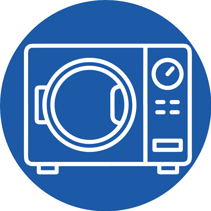 White line drawing of an autoclave machine on a blue circular background.