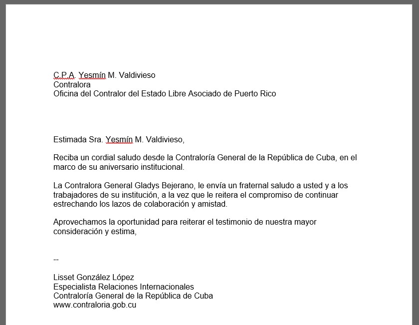 Felicitación de parte de la Contraloría General de la República de Cuba
