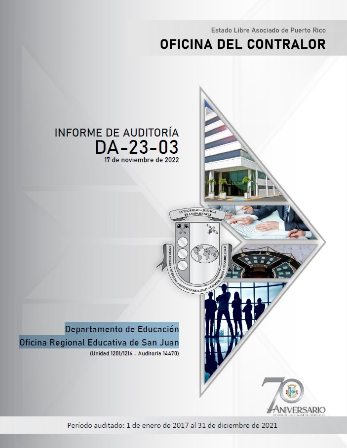 Portada del Informe de Auditoría DA-23-03 del Departamento de Educación, Oficina Regional Educativa de San Juan